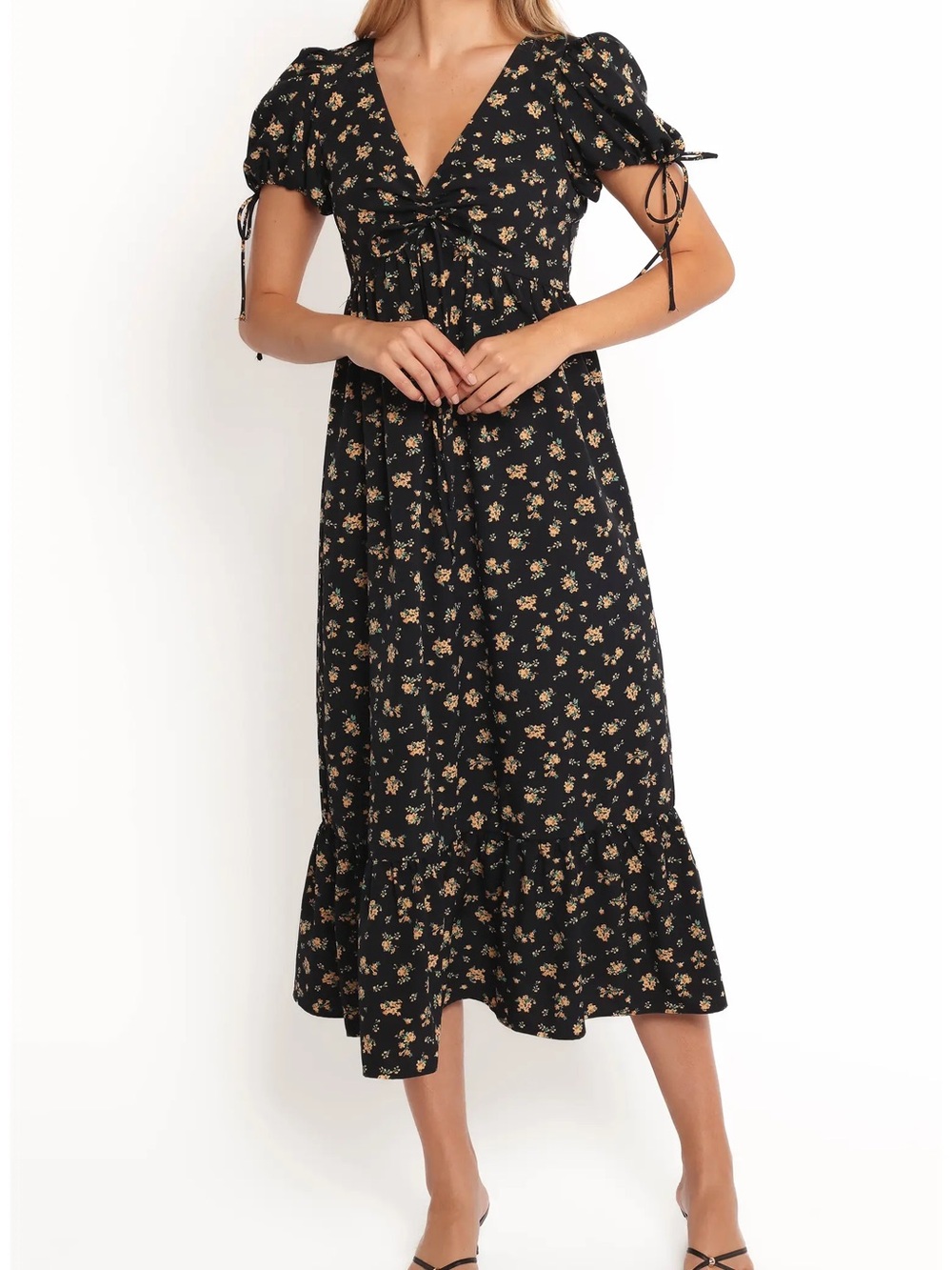 Petal & Pup NWT Black Floral Tie-Front Midi Dress